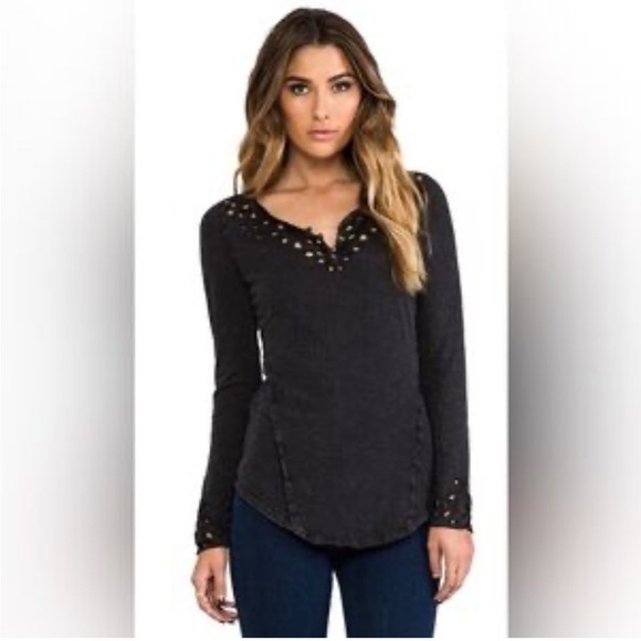Free People Luna Long Sleeve Henley Shirt Boho Cut-Out Top Distressed Black Gray - Picture 12 of 14